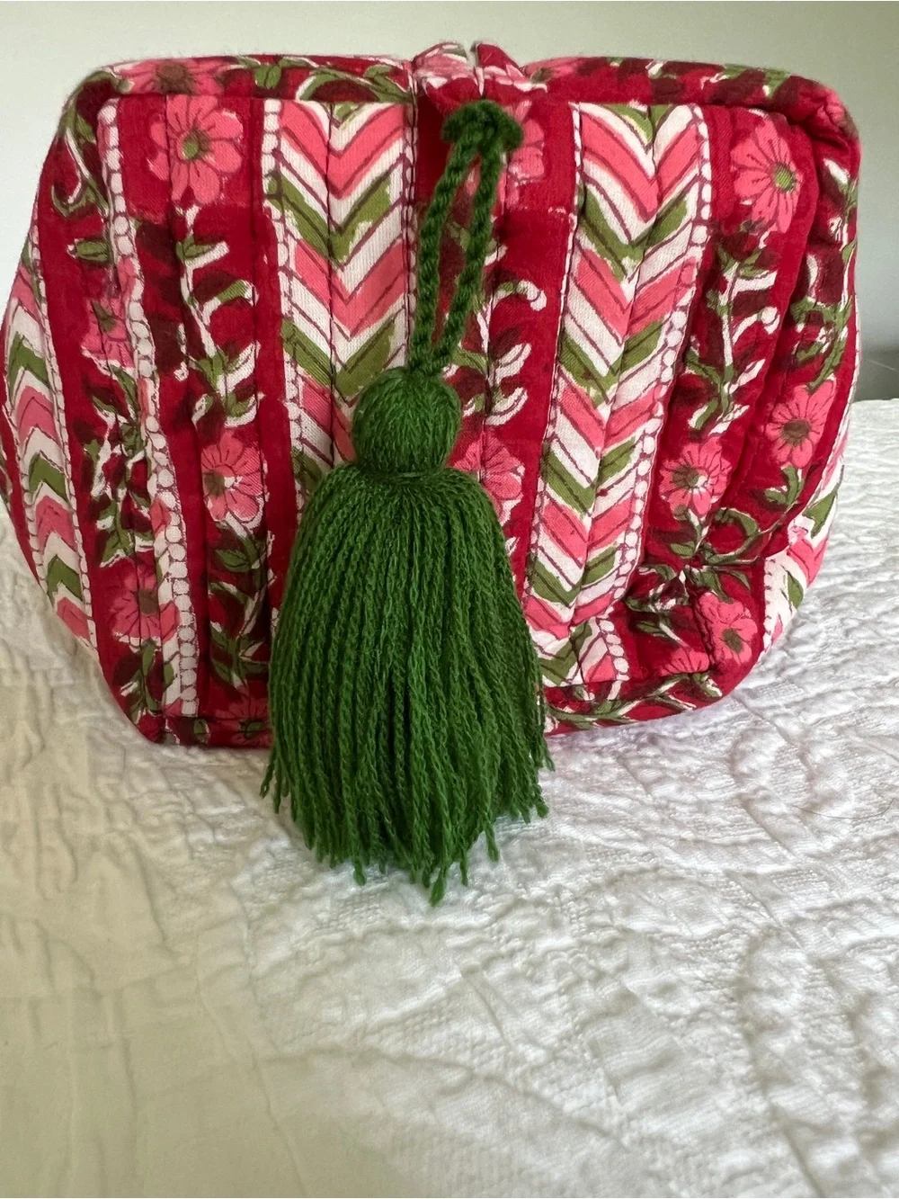 Mynah Red Patterned Quilted Cosmetic Bag